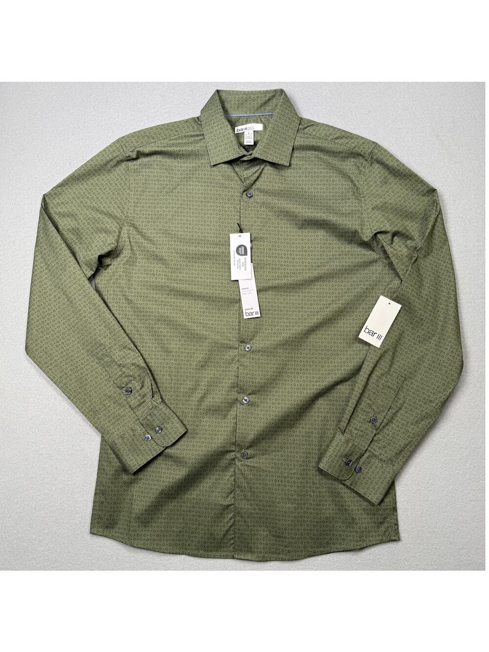 Bar III Men's Slim-Fit Geo-Print Dress Shirt, Olive Medium $70